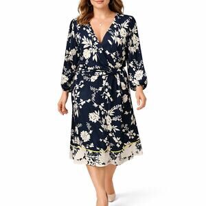 Eliza J 22W Navy Floral Faux Wrap Dress Belted V Neck Long Sleeve Midi Occasion